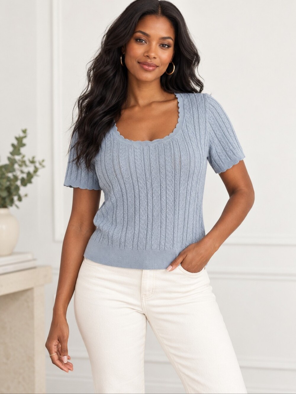 ❤️ ARACH & CLOZ KNIT SCALLOPED TRIM SHORT SLEEVE SWEATER TOP, XL
